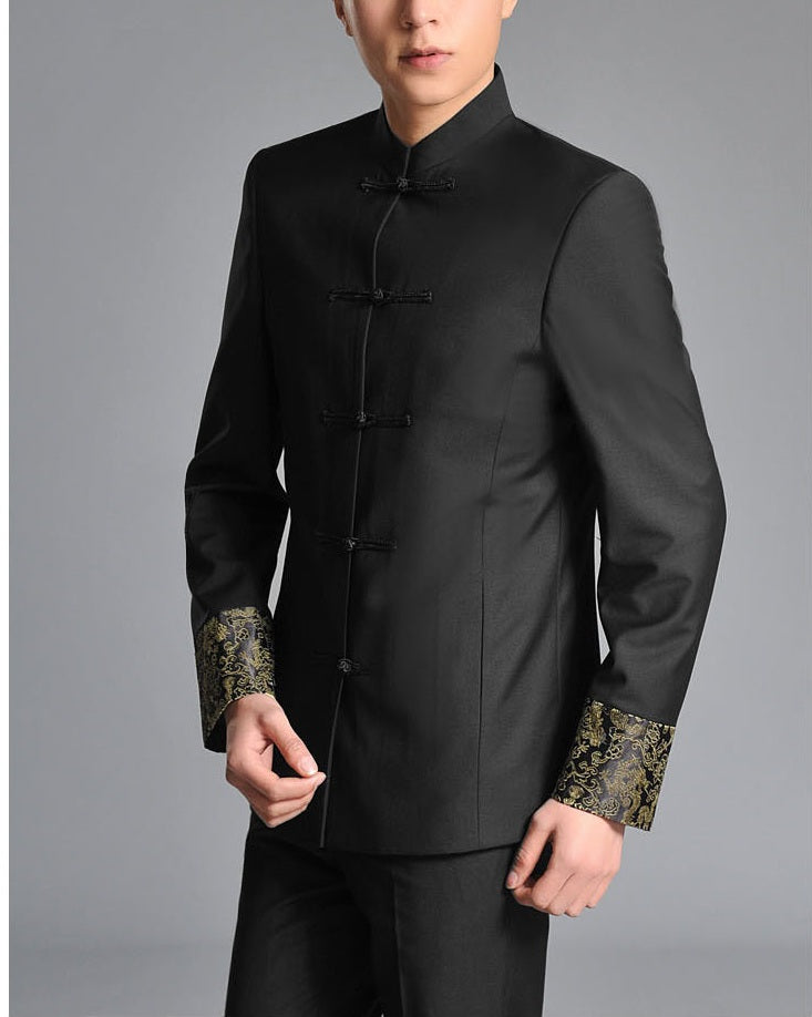 Black Zhongshan Tang Suit with Gold Brocade Dragon Cuffs – Traditional Chinese Menswear