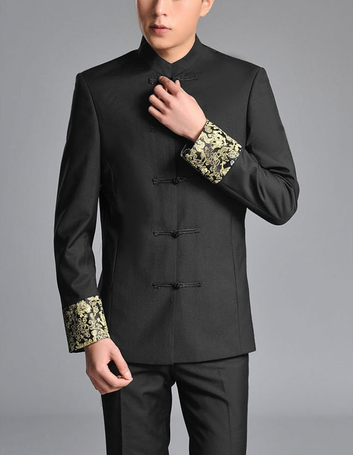Black Zhongshan Tang Suit with Gold Brocade Dragon Cuffs – Traditional Chinese Menswear