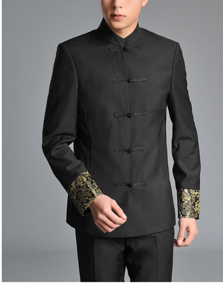 Black Zhongshan Tang Suit with Gold Brocade Dragon Cuffs – Traditional Chinese Menswear 