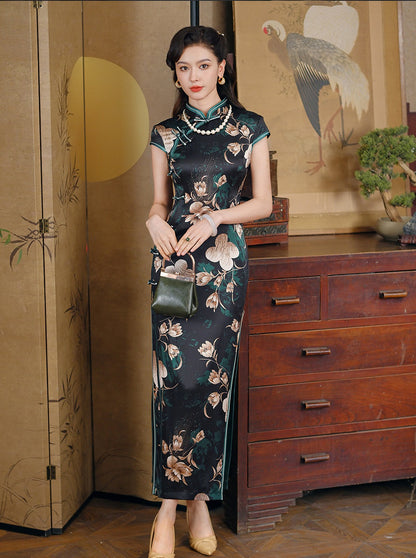 Black Floral Silk Qipao Dress