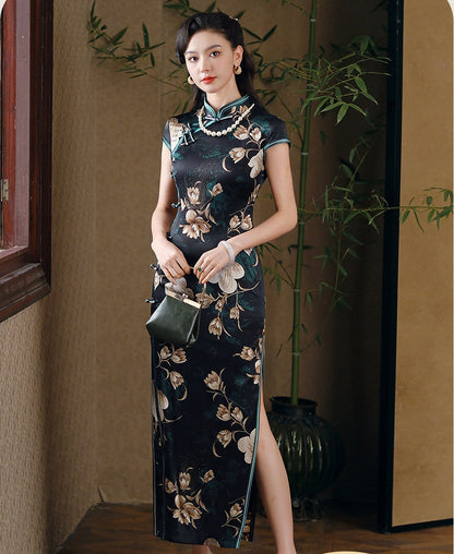 Black Floral Silk Qipao Dress