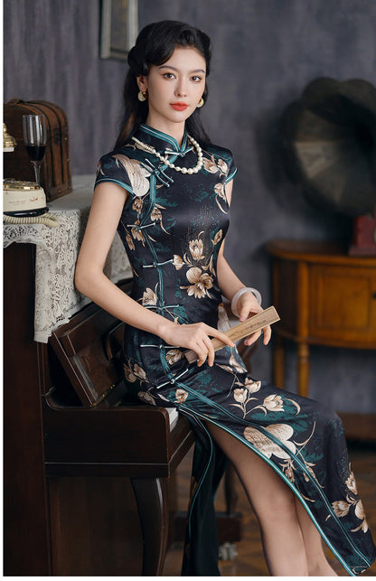 Black Floral Silk Qipao Dress