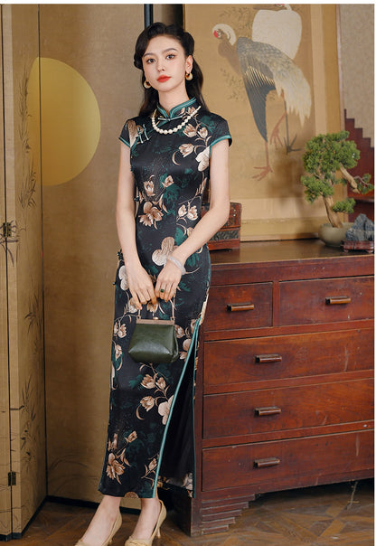 Black Floral Silk Qipao Dress