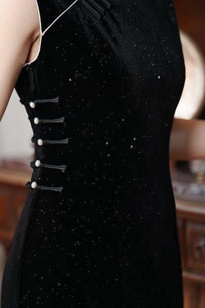 Black Velvet Sleeveless Qipao Dress