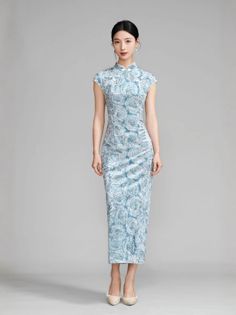 Blue Floral Velvet Qipao Cheongsam Dress