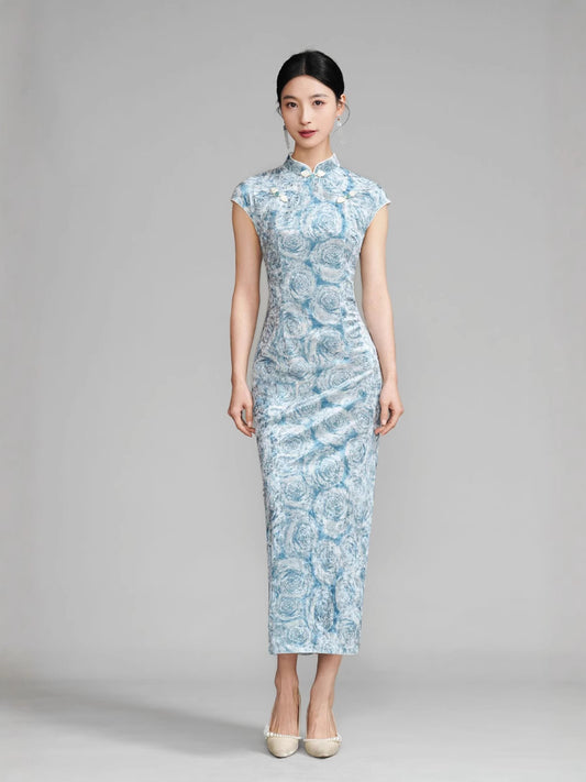 Blue Floral Velvet Qipao Cheongsam Dress