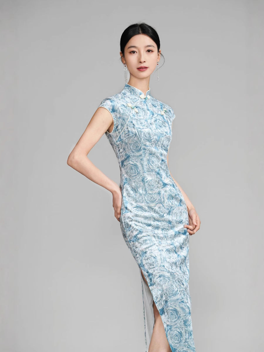 Blue Floral sleeveless Velvet chinese qipao dress