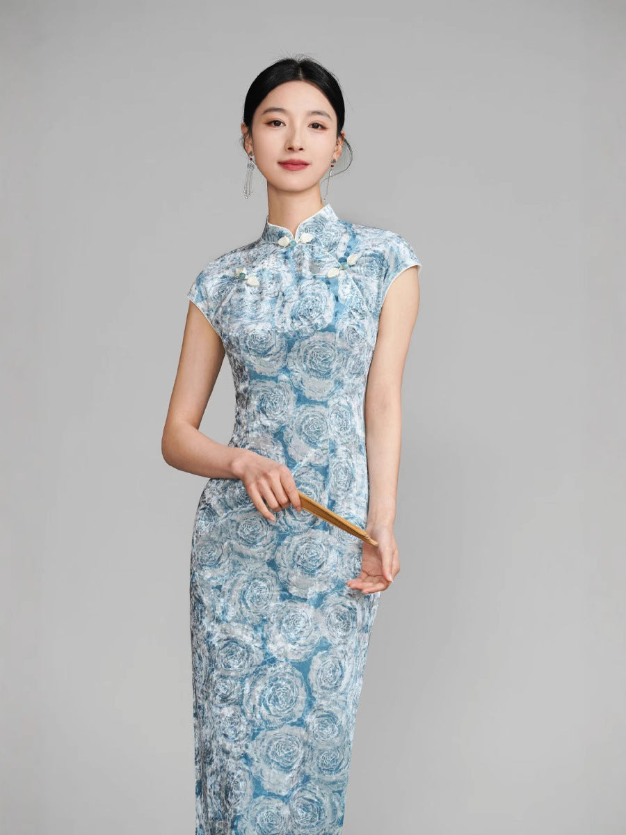 Blue Floral sleeveless Velvet chinese cheongsam dress