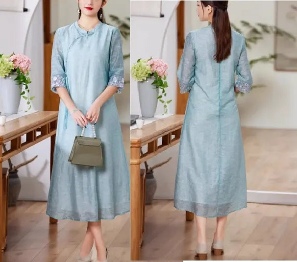 Light blue Loose A line Cheongsam Qipao Dress  worn by a chinese girl, shown from front and back, with a neutral background.