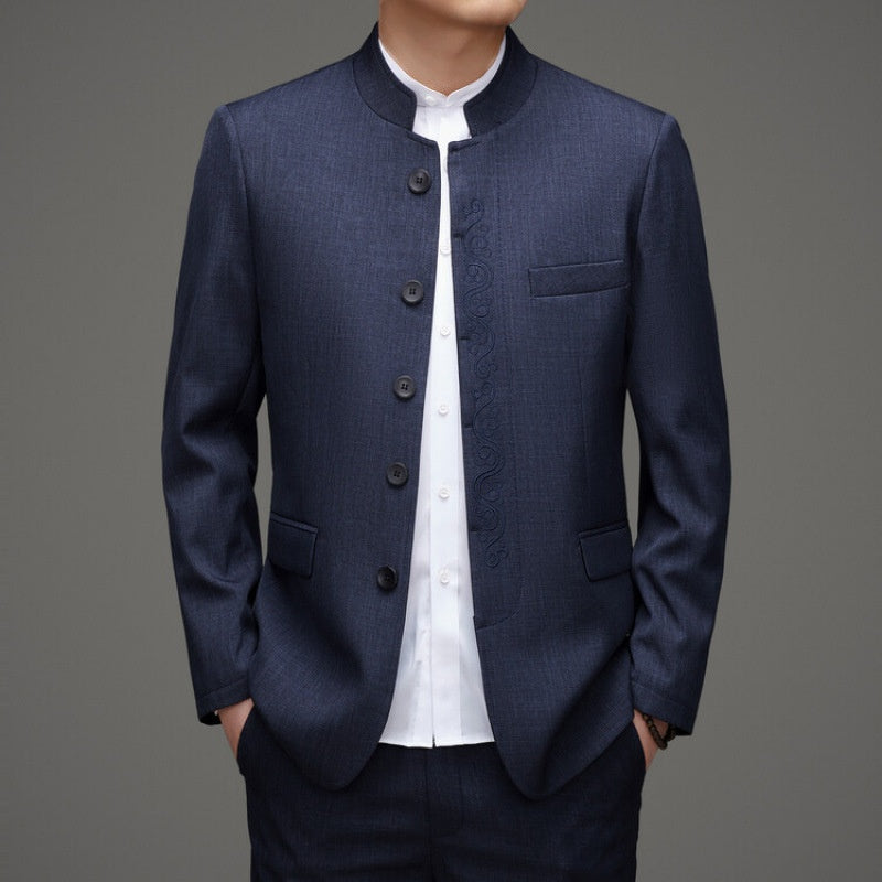 Blue Mandarin Collar Men's Chinese Suit – Traditional Zhongshan Tang Jacket
