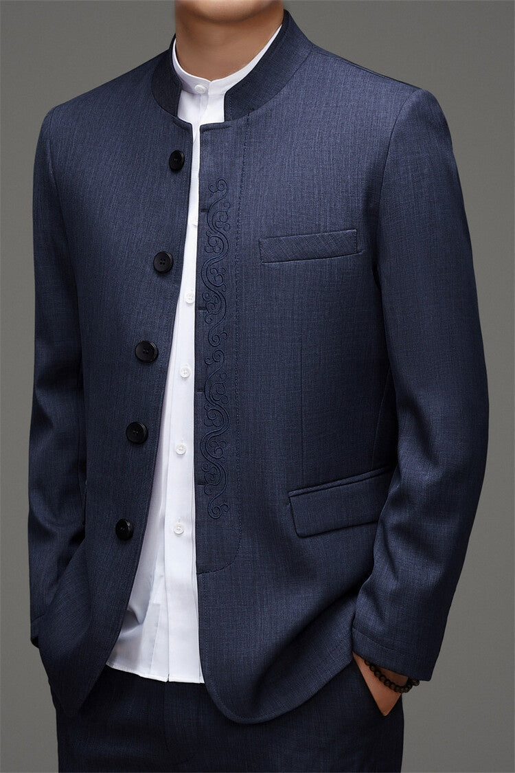 Blue Mandarin Collar Men's Chinese Suit – Traditional Zhongshan Tang Mao suite style Jacket