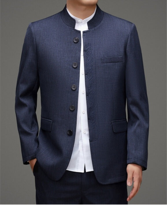 Blue Mandarin Collar Men's Chinese Suit – Traditional Zhongshan Tang Jacket