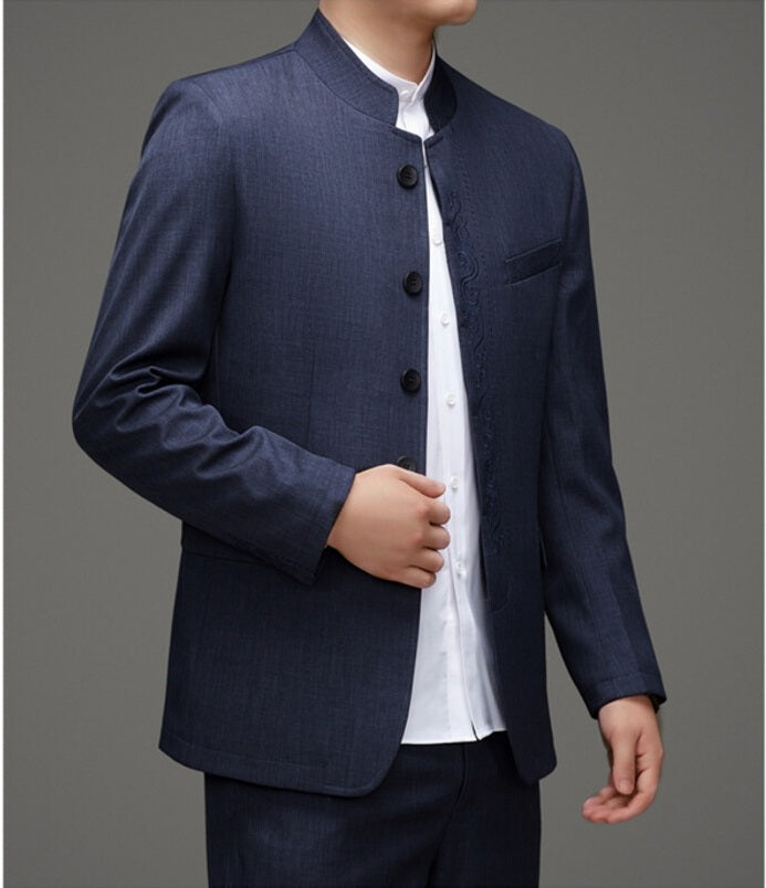 Blue Mandarin Collar Men's traditional Chinese Tang suit design with a modern tailored fit