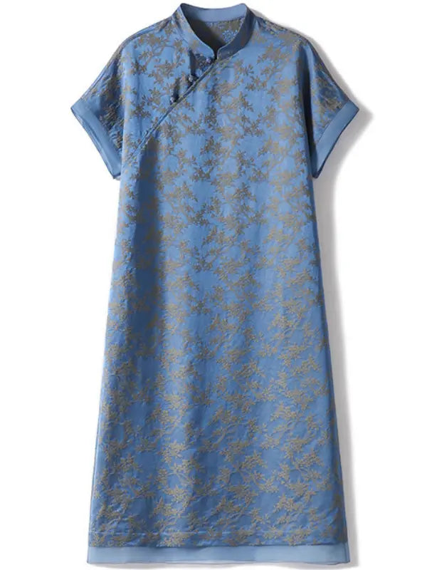 Blue floral  Modern Silk-Cotton Blend Jacquard A-Line Loose Qipao dress on a white background
