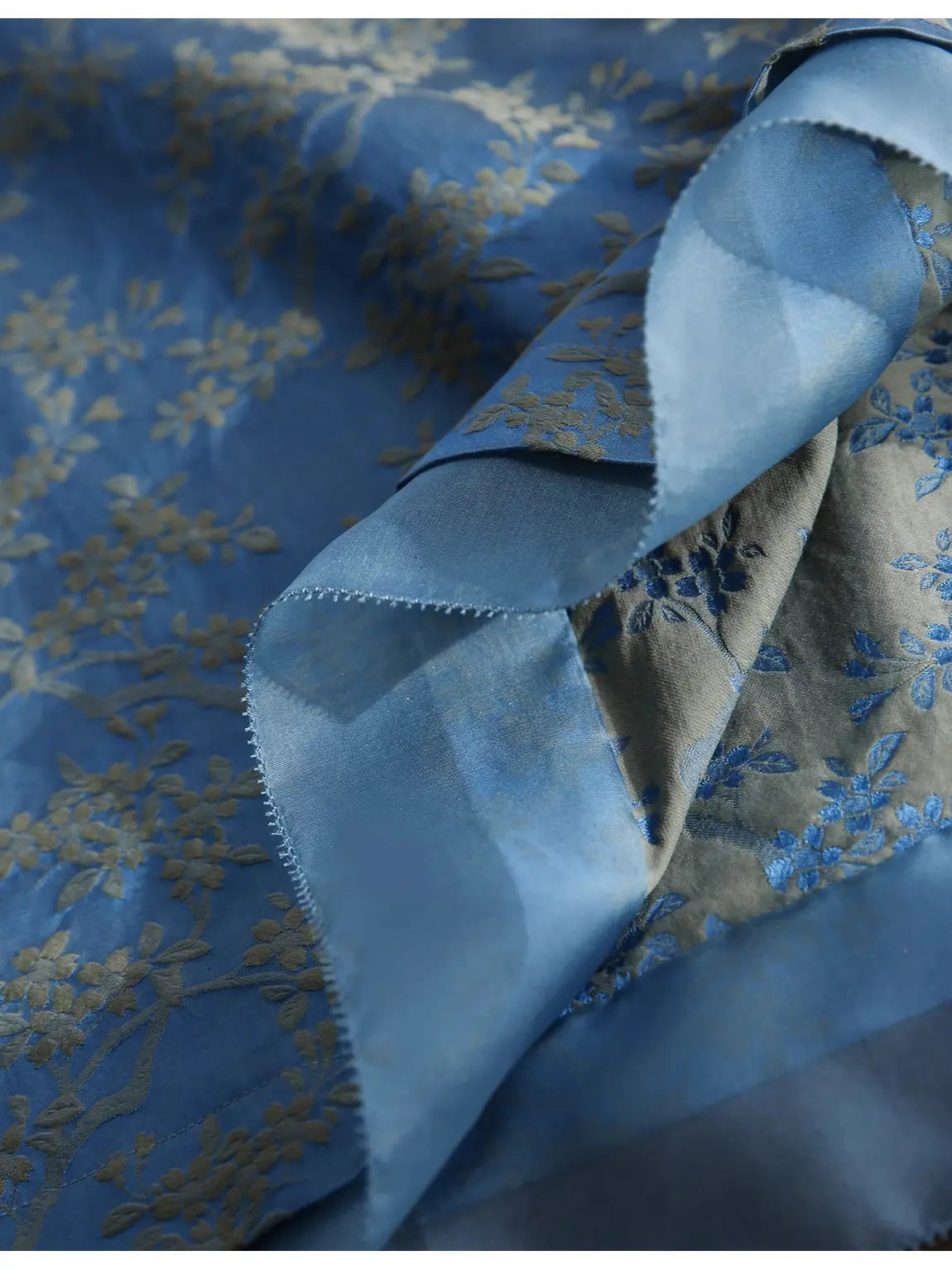 Close-up of blue fabric with floral pattern