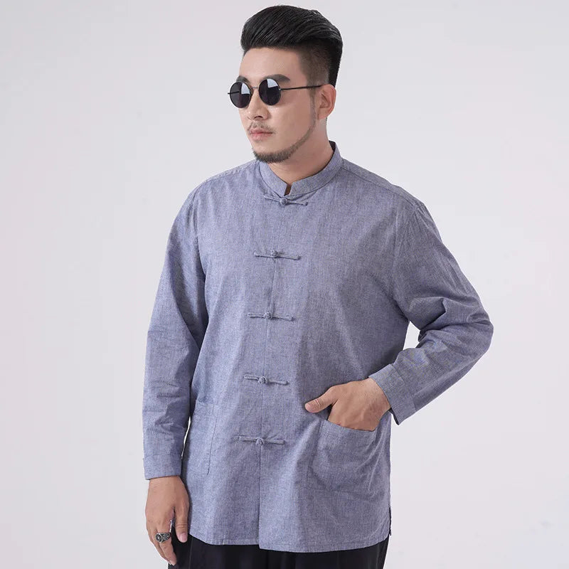 Blue Plus-Size Cotton Linen Chinese kongfu Tang  Shirt