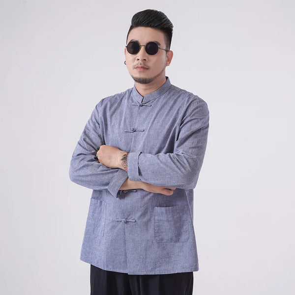 Blue Plus-Size Cotton Linen Chinese kongfu Tang  Shirt
