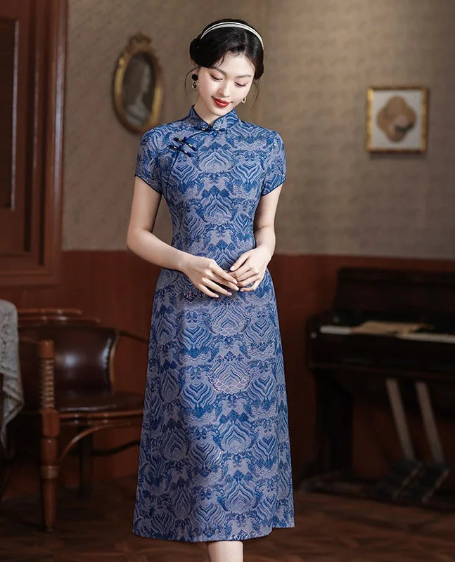 Woman wearing a Blue Short Sleeves patterned  A-Line Qipao Dress in an indoor setting