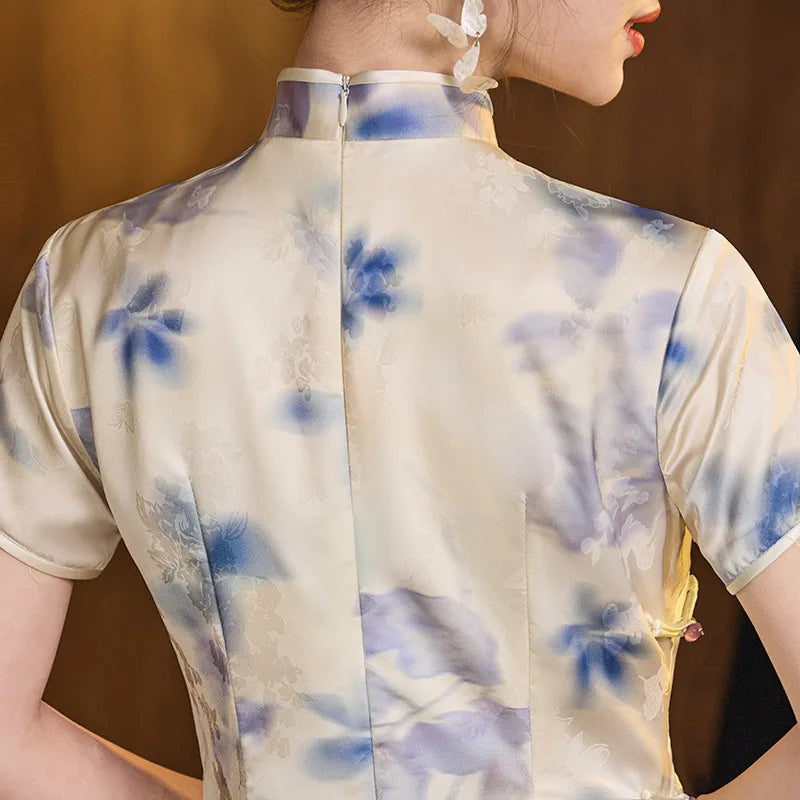 Blue Watercolor Floral Long Qipao cheongsam dress 