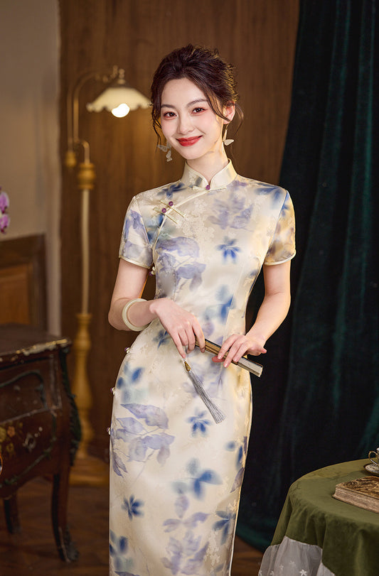 Blue Watercolor Floral Long Traditional Chinese  Qipao for women
