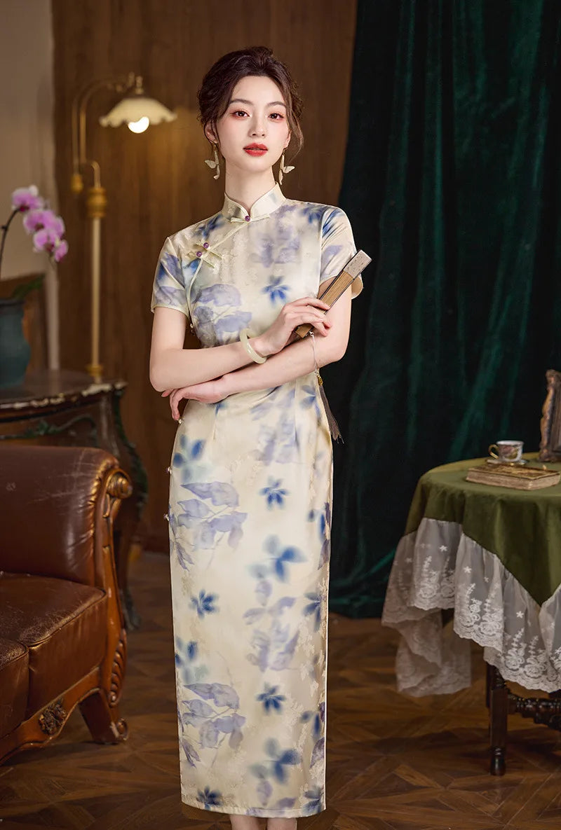 Blue Watercolor Floral Long Qipao cheongsam dress 