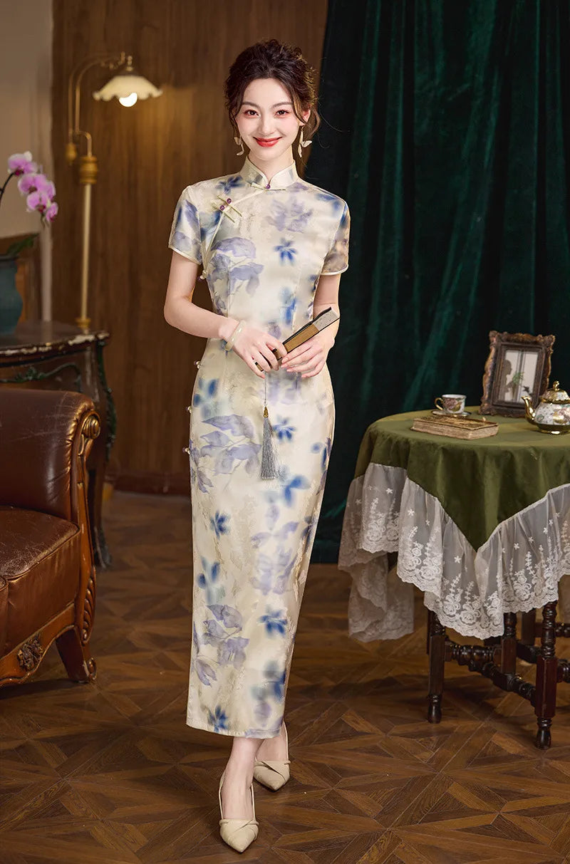 Blue Watercolor Floral Long Qipao cheongsam dress 