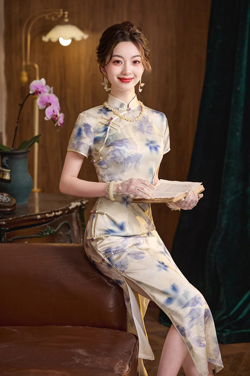 Blue Watercolor Floral Long Qipao cheongsam dress 