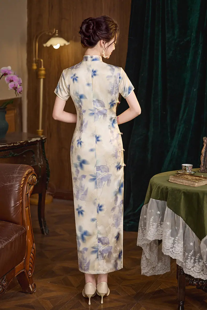 Blue Watercolor Floral Long Qipao cheongsam dress 