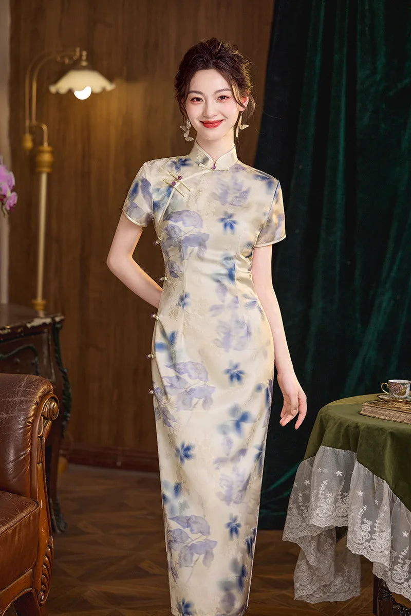 Blue Watercolor Floral Long Qipao cheongsam dress 