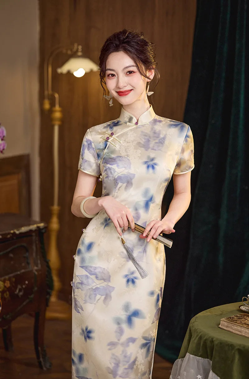 Blue Watercolor Floral Long Qipao cheongsam dress 