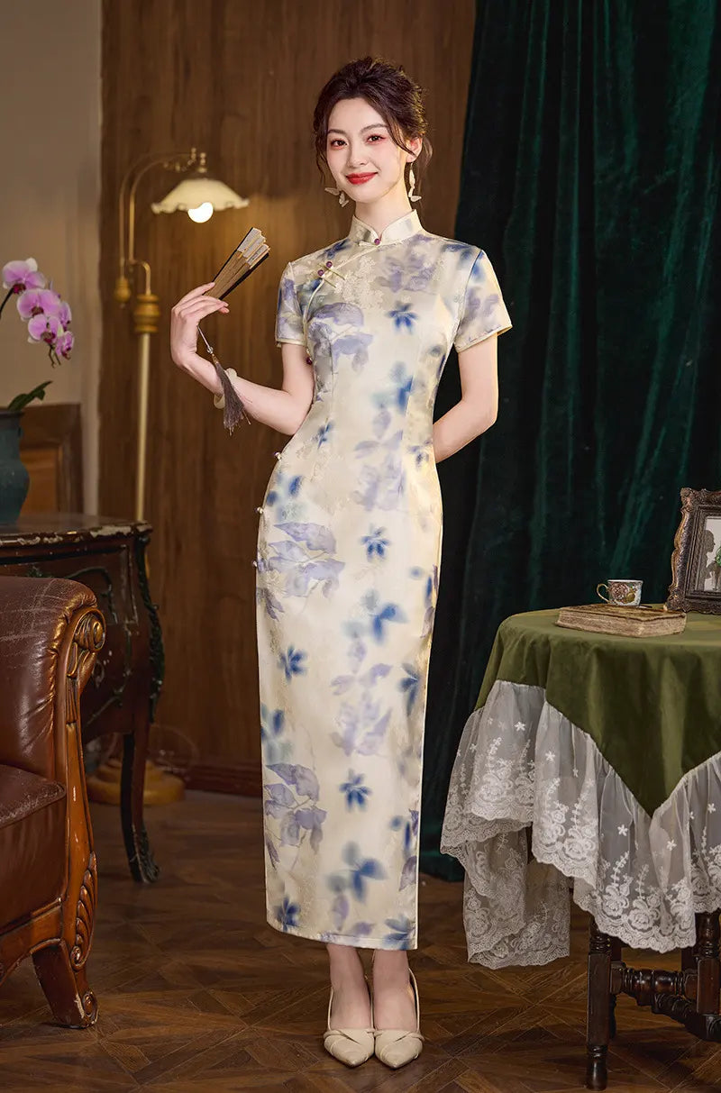 Blue Watercolor Floral Long Qipao cheongsam dress 