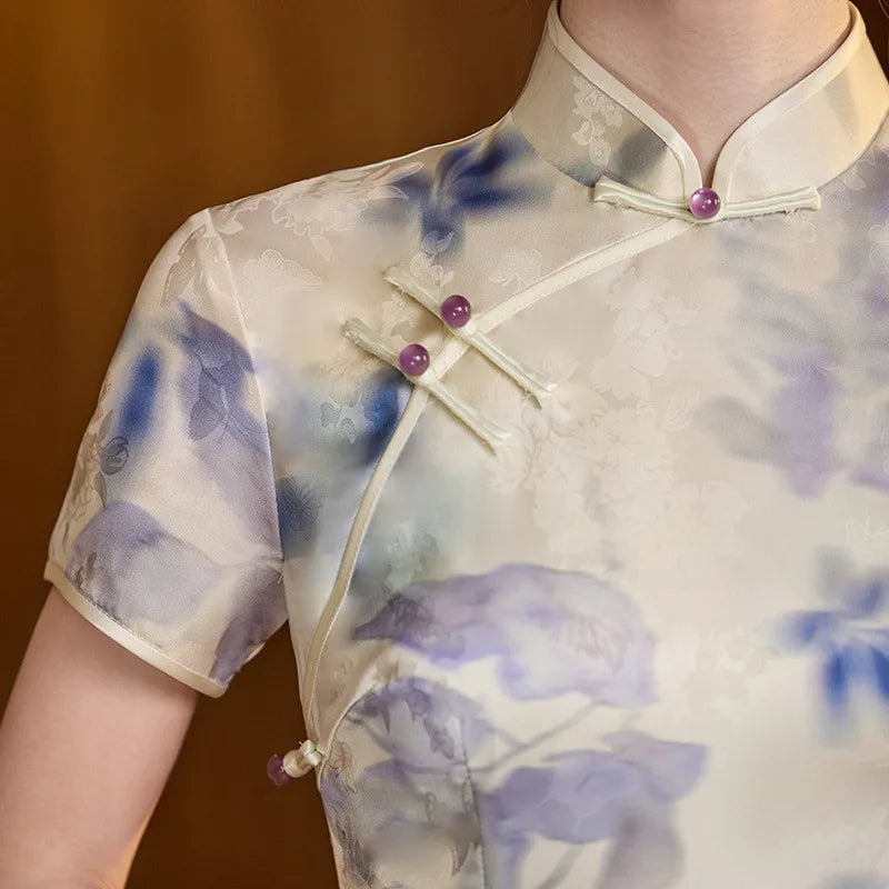 Blue Watercolor Floral Long Qipao cheongsam dress 