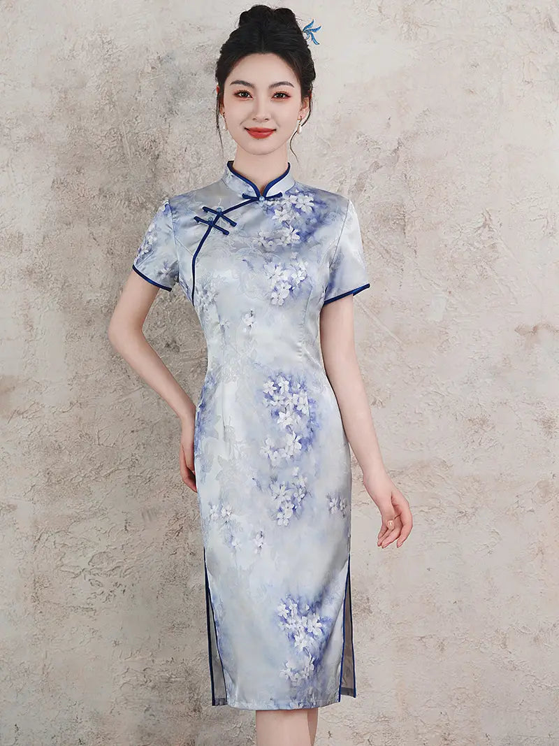 Blue Watercolor Floral Qipao Dress 
