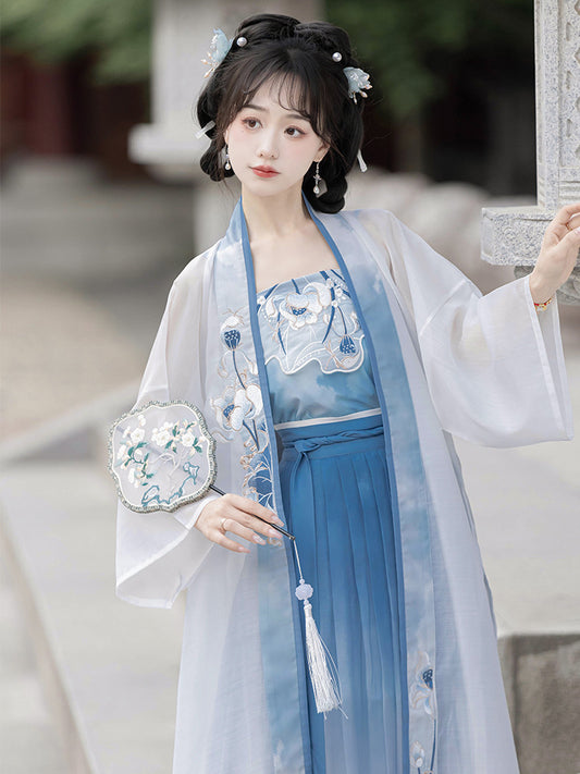 Blue and White Lotus Embroidered Three-Piece Song Dynasty Hanfu Dress
