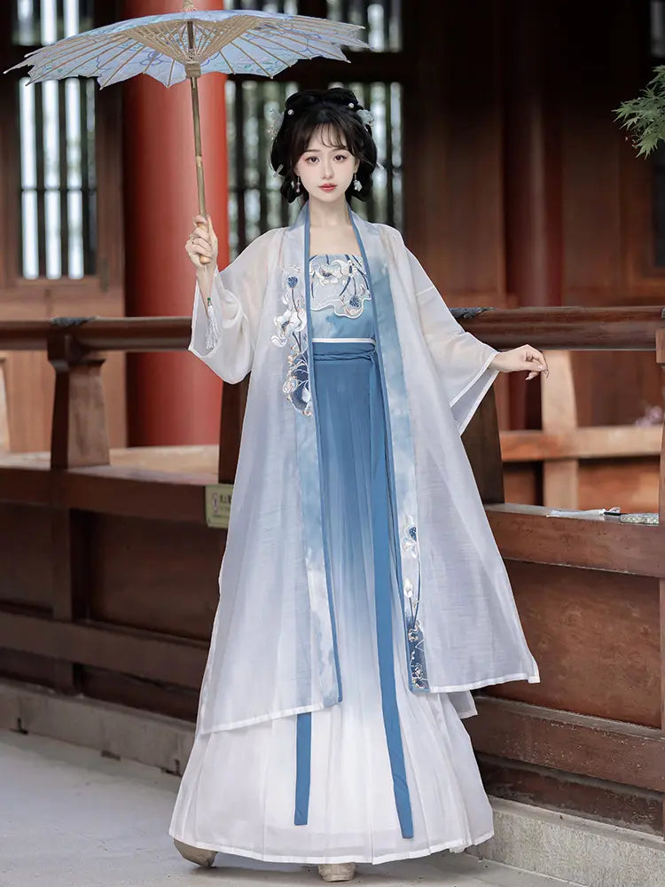 Blue and White Traditional chinese Song Dynasty Hanfu Dress 