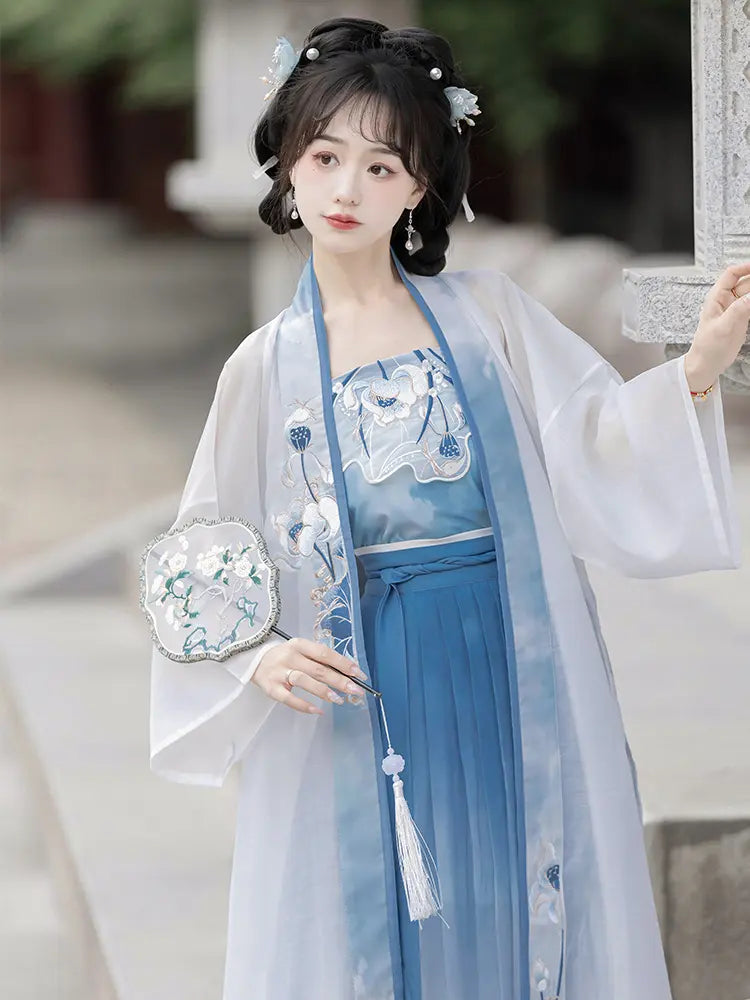 Blue and White Traditional chinese Song Dynasty Hanfu Dress 