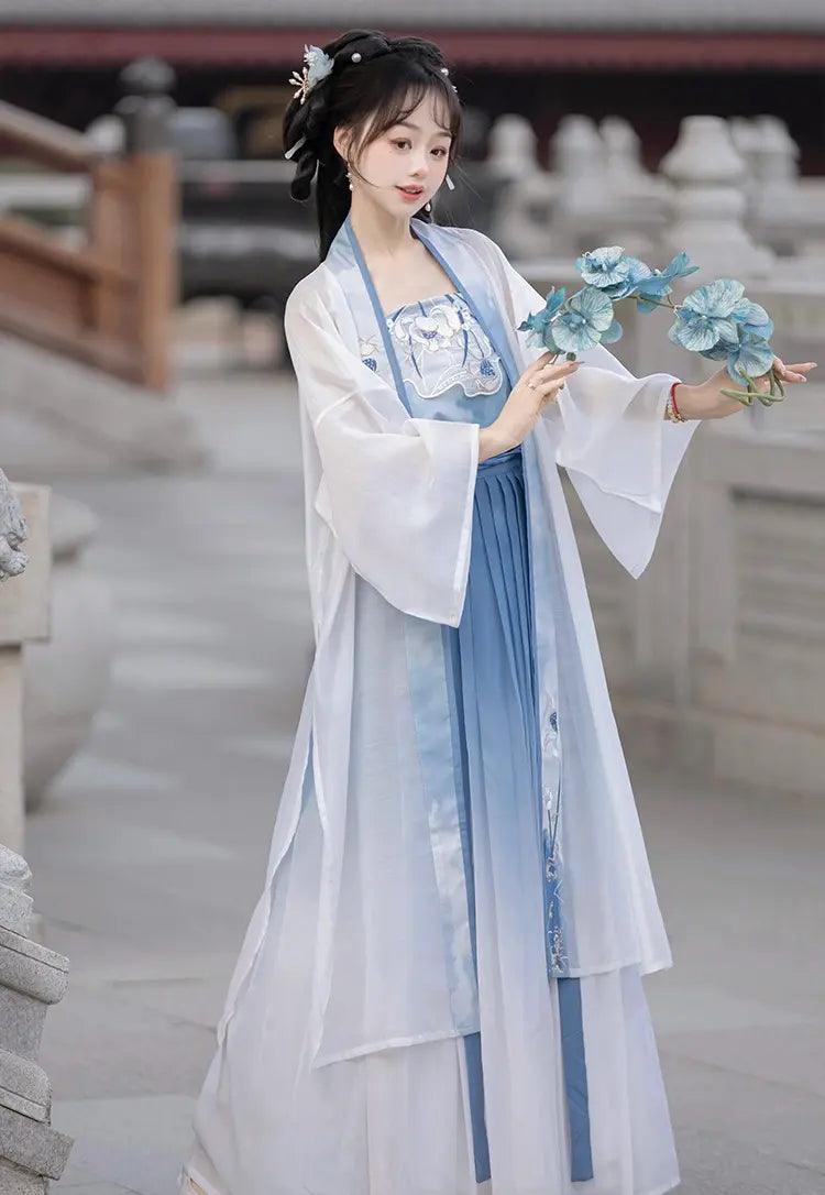 Blue and White Traditional chinese Song Dynasty Hanfu Dress with lotus flowers