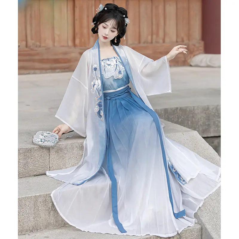 Blue and White Traditional chinese Song Dynasty Hanfu Dress with lotus flowers