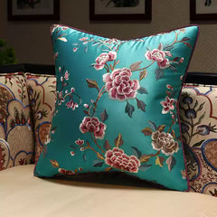 Luxury high quality Oriental Embroidered  Floral  teal blue Satin Cushion Covers