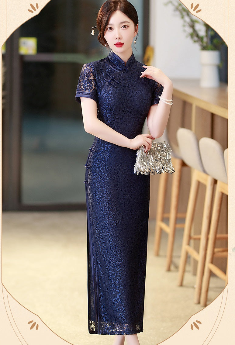 model in navy blue lace qipao cheongsam dress standing