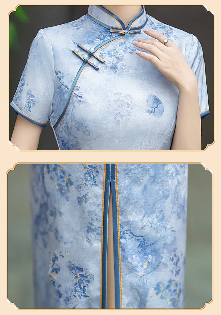 Blaues, von Porzellan inspiriertes Qipao-Kleid