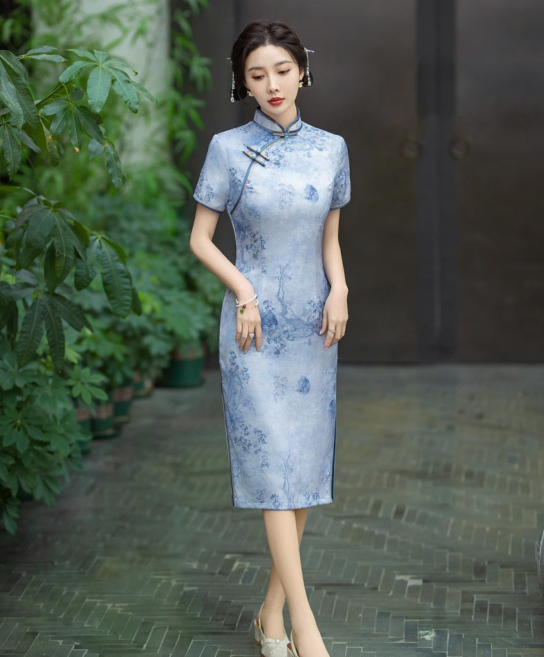 Blue short sleeves midi length cheongsam dress