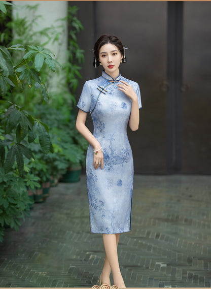 Blue short sleeves midi length qi pao  dress