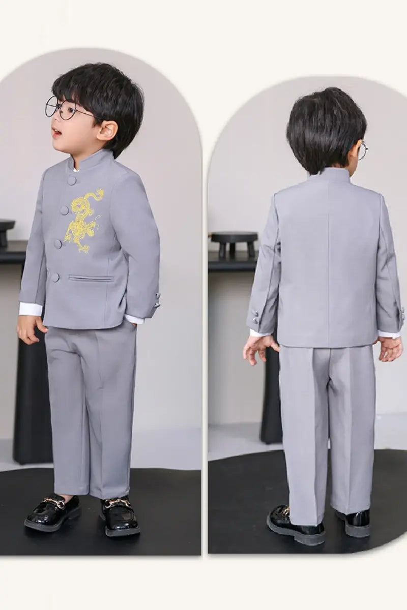 Child wearing a gray Boys' New Chinese Style Dragon Embroidered Zhongshan Suit Set , shown from front and back views.