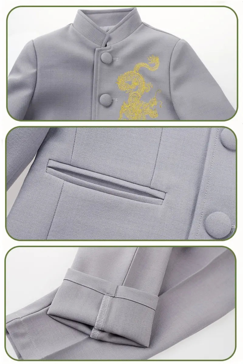 Gray traditional chinese outfit with embroidered design on a white background
