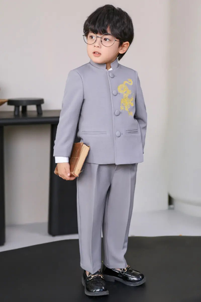 Child wearing a gray Boys' New Chinese Style Dragon Embroidered Zhongshan Suit Set , holding a book indoors.