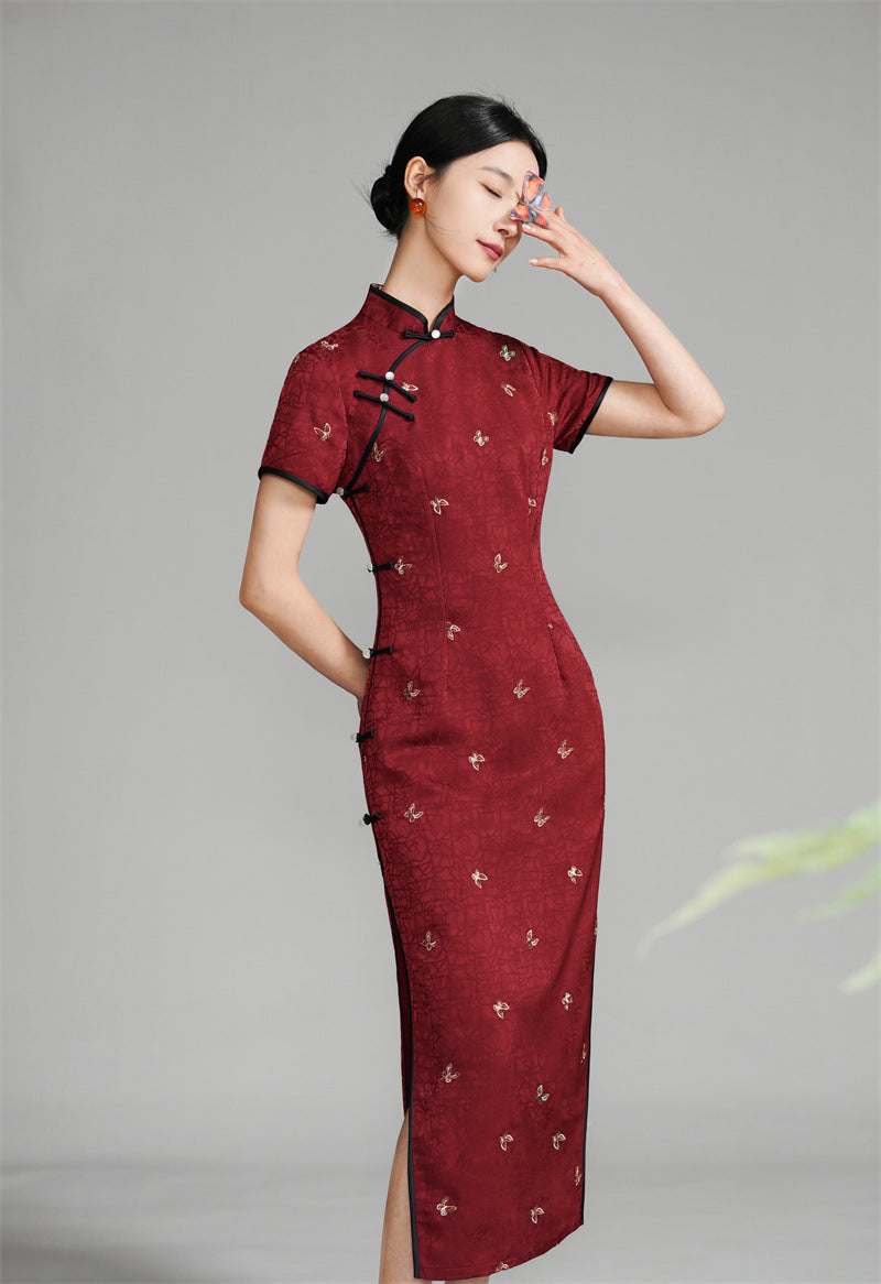 Burgundy Red Short Sleeves Floral Jacquard Qipao Dress