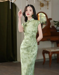 Cap Sleeves Green Bamboo Print chinese  Qipao cheongsam dress