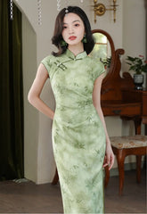 Cap Sleeves Green Bamboo Print Qipao