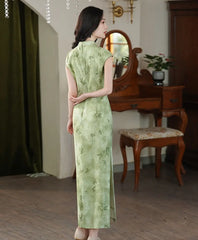 Cap Sleeves Green Bamboo Print traditional chinese dress 